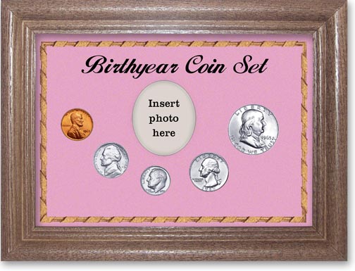 1963 Birth Year Coin Gift Set with a pink background and dark oak frame MAIN