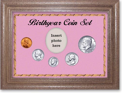 1964 Birth Year Coin Gift Set with a pink background and dark oak frame LARGE