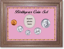 1964 Birth Year Coin Gift Set with a pink background and dark oak frame THUMBNAIL