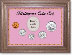 1965 Birth Year Coin Gift Set with a pink background and dark oak frame THUMBNAIL