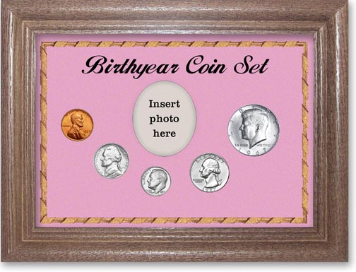 1967 Birth Year Coin Gift Set with a pink background and dark oak frame LARGE