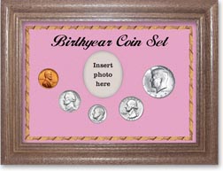 1967 Birth Year Coin Gift Set with a pink background and dark oak frame THUMBNAIL