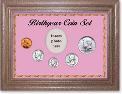 1969 Birth Year Coin Gift Set with a pink background and dark oak frame THUMBNAIL