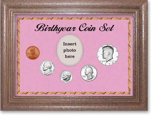 1970 Birth Year Coin Gift Set with a pink background and dark oak frame LARGE