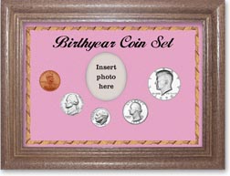 1970 Birth Year Coin Gift Set with a pink background and dark oak frame THUMBNAIL