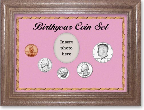 1974 Birth Year Coin Gift Set with a pink background and dark oak frame MAIN