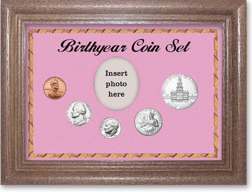 1976 Birth Year Coin Gift Set with a pink background and dark oak frame LARGE