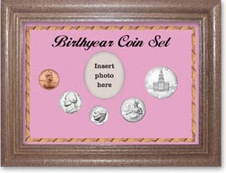1976 Birth Year Coin Gift Set with a pink background and dark oak frame THUMBNAIL