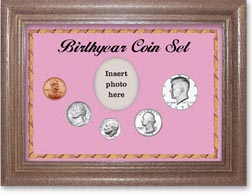1978 Birth Year Coin Gift Set with a pink background and dark oak frame THUMBNAIL