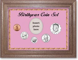1979 Birth Year Coin Gift Set with a pink background and dark oak frame THUMBNAIL