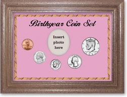1981 Birth Year Coin Gift Set with a pink background and dark oak frame THUMBNAIL