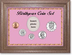 1982 Birth Year Coin Gift Set with a pink background and dark oak frame THUMBNAIL