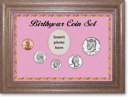 1983 Birth Year Coin Gift Set with a pink background and dark oak frame LARGE