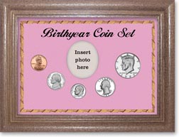1983 Birth Year Coin Gift Set with a pink background and dark oak frame THUMBNAIL