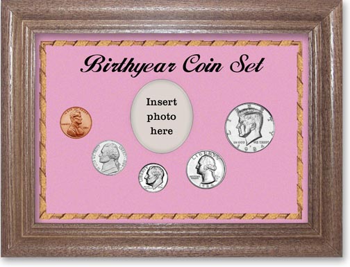 1984 Birth Year Coin Gift Set with a pink background and dark oak frame LARGE