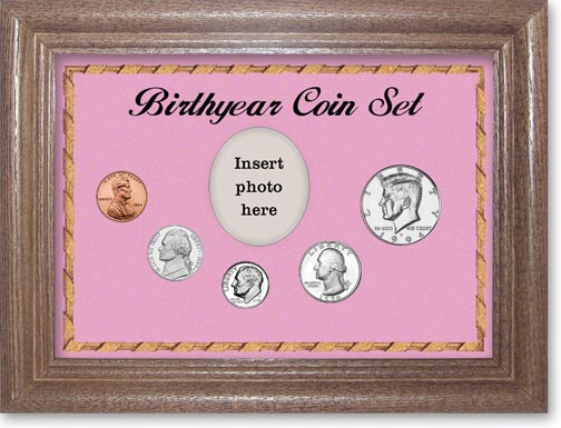 1994 Birth Year Coin Gift Set with a pink background and dark oak frame MAIN