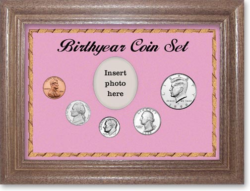 1998 Birth Year Coin Gift Set with a pink background and dark oak frame LARGE