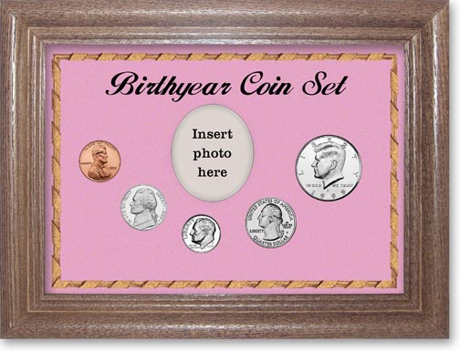1999 Birth Year Coin Gift Set with a pink background and dark oak frame MAIN