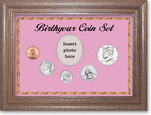 2003 Birth Year Coin Gift Set with a pink background and dark oak frame LARGE