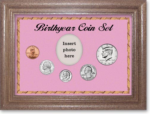2004 Birth Year Coin Gift Set with a pink background and dark oak frame MAIN