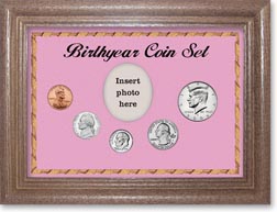 2004 Birth Year Coin Gift Set with a pink background and dark oak frame THUMBNAIL