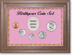 2008 Birth Year Coin Gift Set with a pink background and dark oak frame THUMBNAIL