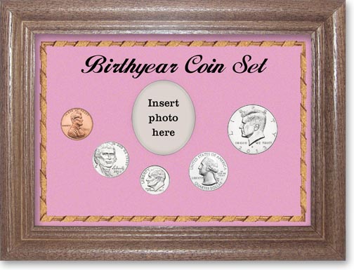 2013 Birth Year Coin Gift Set with a pink background and dark oak frame LARGE