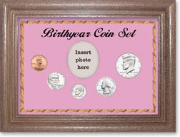2013 Birth Year Coin Gift Set with a pink background and dark oak frame THUMBNAIL