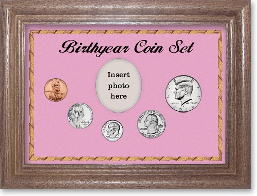 2014 Birth Year Coin Gift Set with a pink background and dark oak frame LARGE