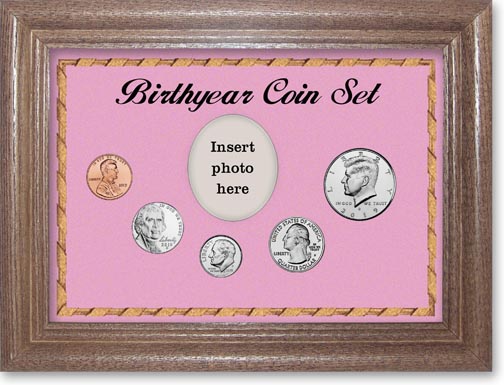 2019 Birth Year Coin Gift Set with a pink background and dark oak frame MAIN