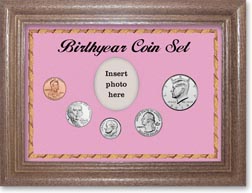 2019 Birth Year Coin Gift Set with a pink background and dark oak frame THUMBNAIL