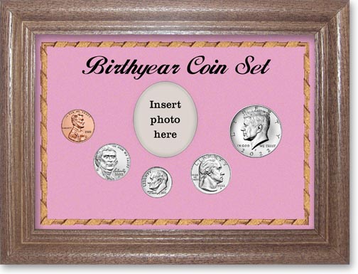 Birth Year Coin Gift Set with pink background and dark oak frame LARGE