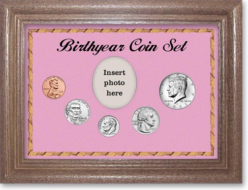 Birth Year Coin Gift Set with pink background and dark oak frame LARGE