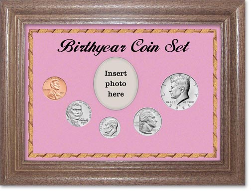 2025 Birth Year Coin Gift Set with a pink background and dark oak frame MAIN