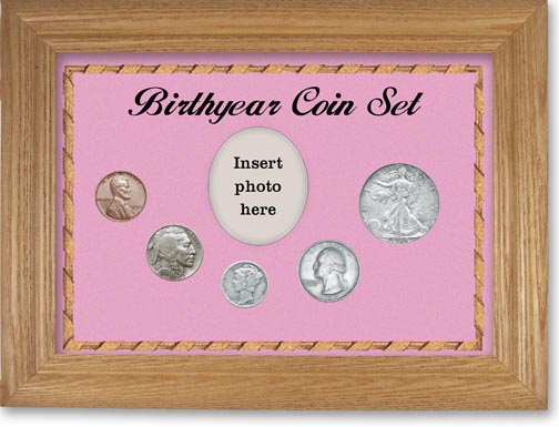 1934 Birth Year Coin Gift Set with a pink background and wheat frame LARGE