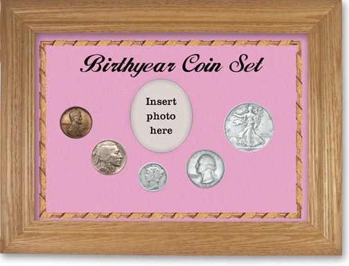 1937 Birth Year Coin Gift Set with a pink background and wheat frame LARGE