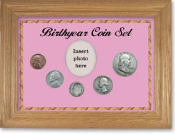 1949 Birth Year Coin Gift Set with a pink background and wheat frame THUMBNAIL