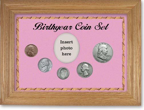 1953 Birth Year Coin Gift Set with a pink background and wheat frame LARGE