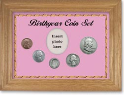 1954 Birth Year Coin Gift Set with a pink background and wheat frame THUMBNAIL
