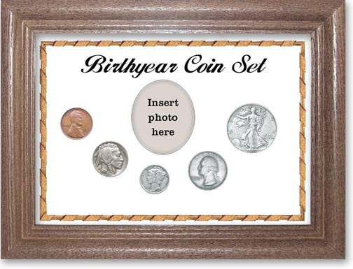 1935 Birth Year Coin Gift Set with a white background and dark oak frame LARGE