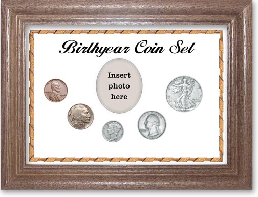 1936 Birth Year Coin Gift Set with a white background and dark oak frame MAIN