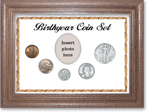 1937 Birth Year Coin Gift Set with a white background and dark oak frame LARGE