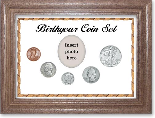 1938 Birth Year Coin Gift Set with a white background and dark oak frame LARGE