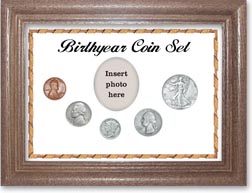 1938 Birth Year Coin Gift Set with a white background and dark oak frame THUMBNAIL