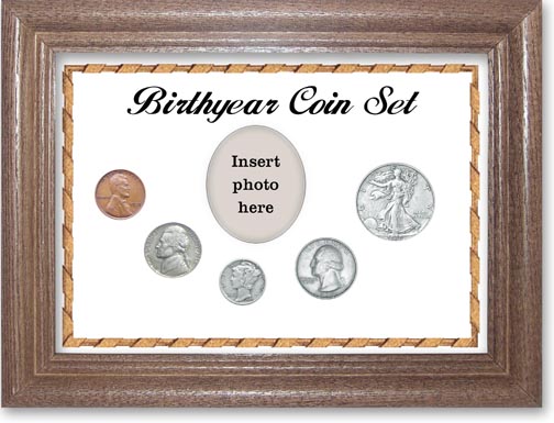 1939 Birth Year Coin Gift Set with a white background and dark oak frame LARGE