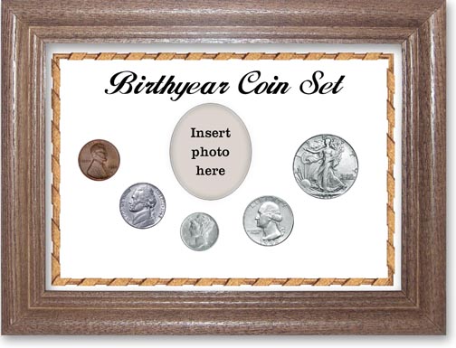 1942 Birth Year Coin Gift Set with a white background and dark oak frame LARGE