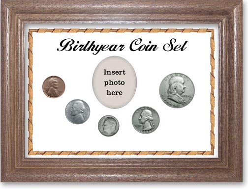 1954 Birth Year Coin Gift Set with a white background and dark oak frame MAIN