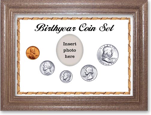 1963 Birth Year Coin Gift Set with a white background and dark oak frame MAIN