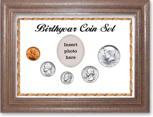 1965 Birth Year Coin Gift Set with a white background and dark oak frame MAIN