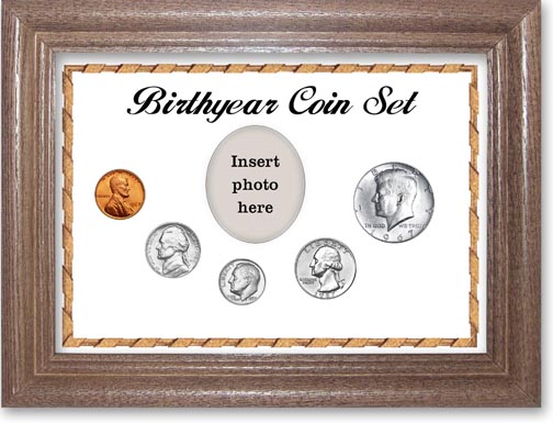1967 Birth Year Coin Gift Set with a white background and dark oak frame LARGE